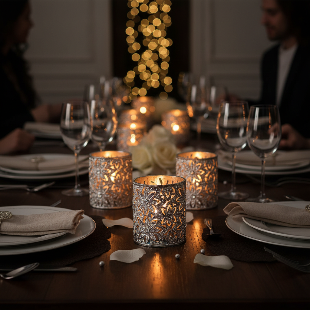 Long dining table decorated with numerous lit Windsor tealight Holders.