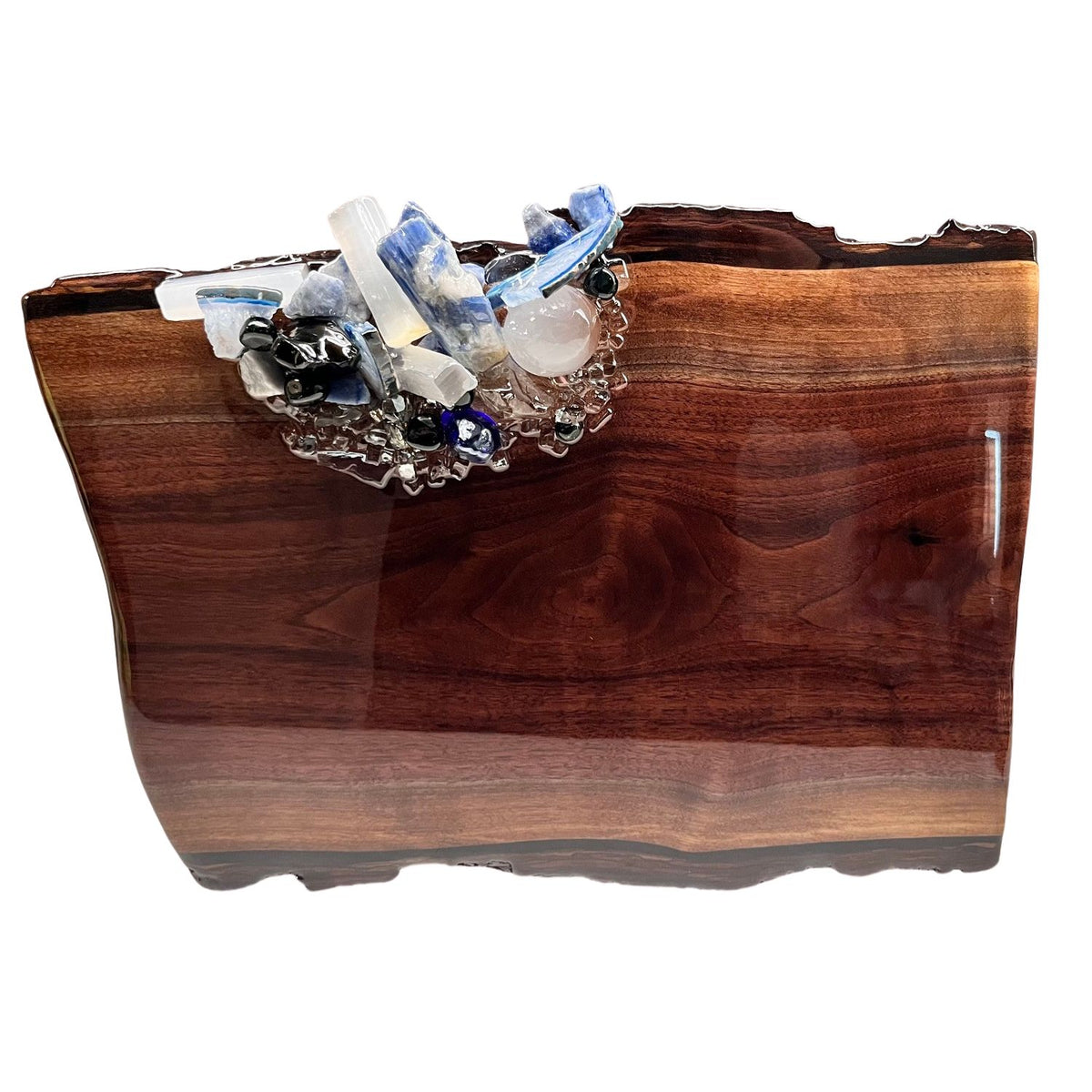 Medium Azure Charcuterie Board with 1 cluster of blue, clear and white minerals