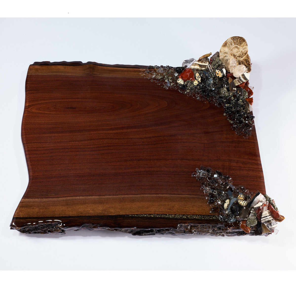 Large Treasures Charcuterie Board with 2 clusters of earthtone minerals and fossils.