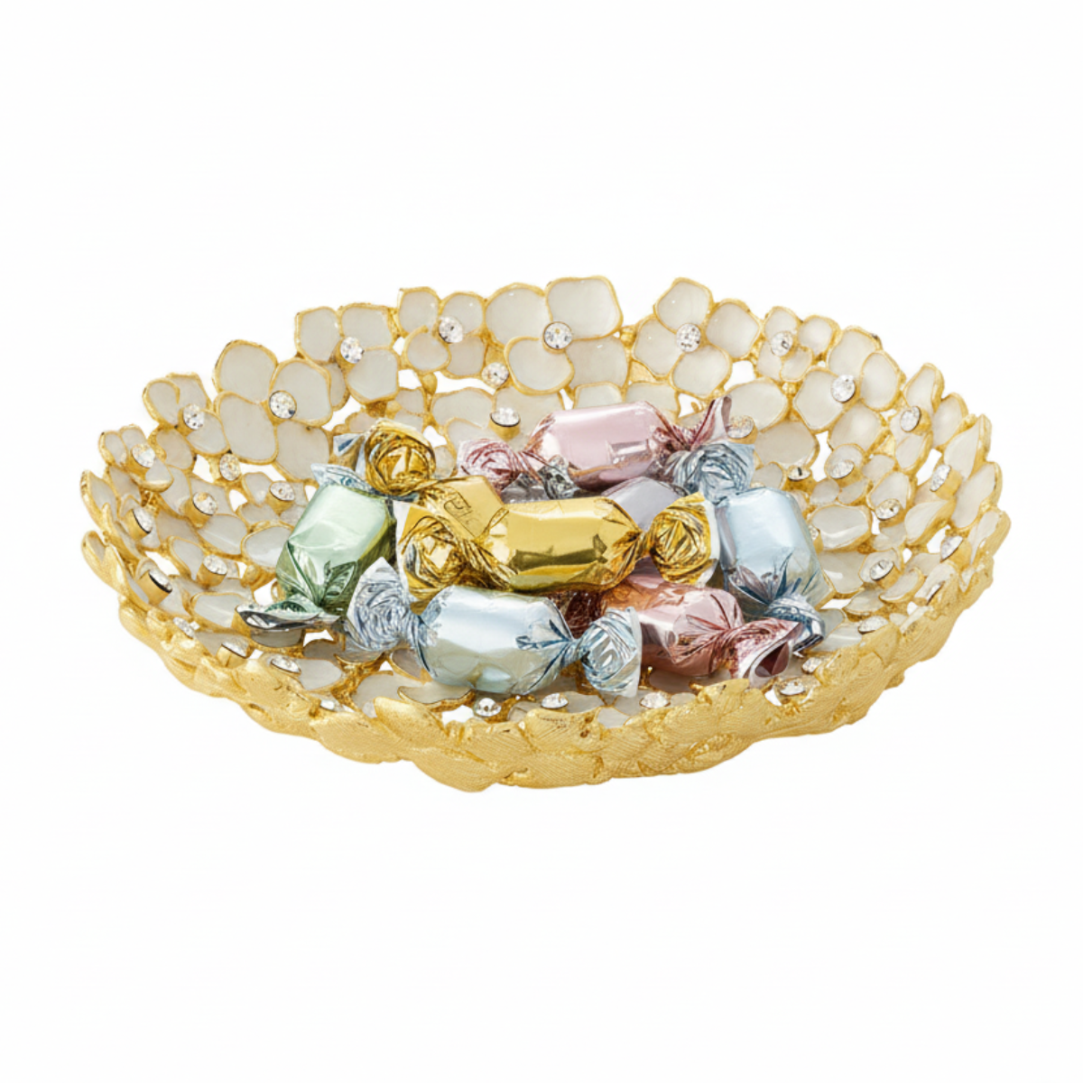 Dogwood Catchall Bowl filled with pastel-wrapped candies.