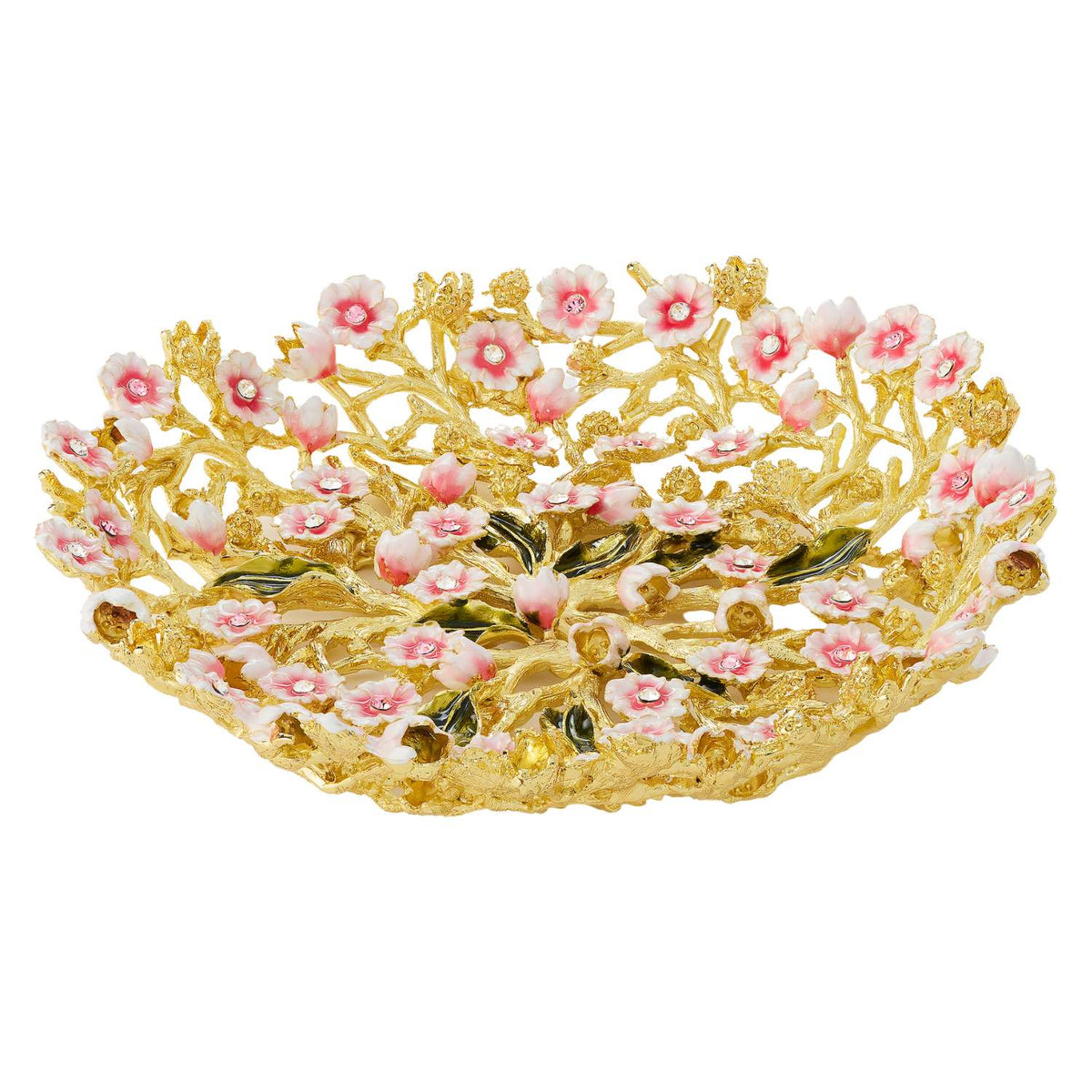 Bella Catchall Bowl  with tiny  pink and blush flowers and green leaves. Open-branch pattern.
