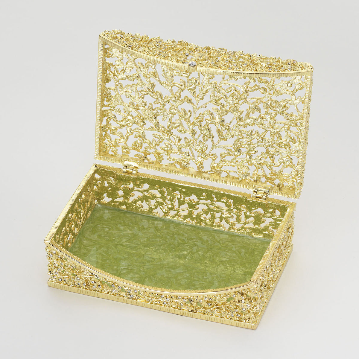 Open Gold Isadora Box with green interior.