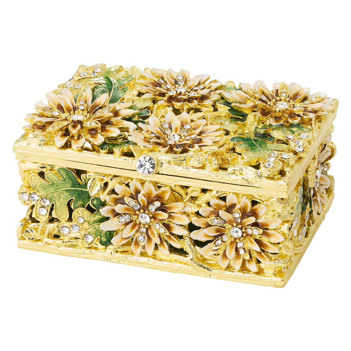 Rectangular Floret Box with gold blossoms and ombre green leaves.