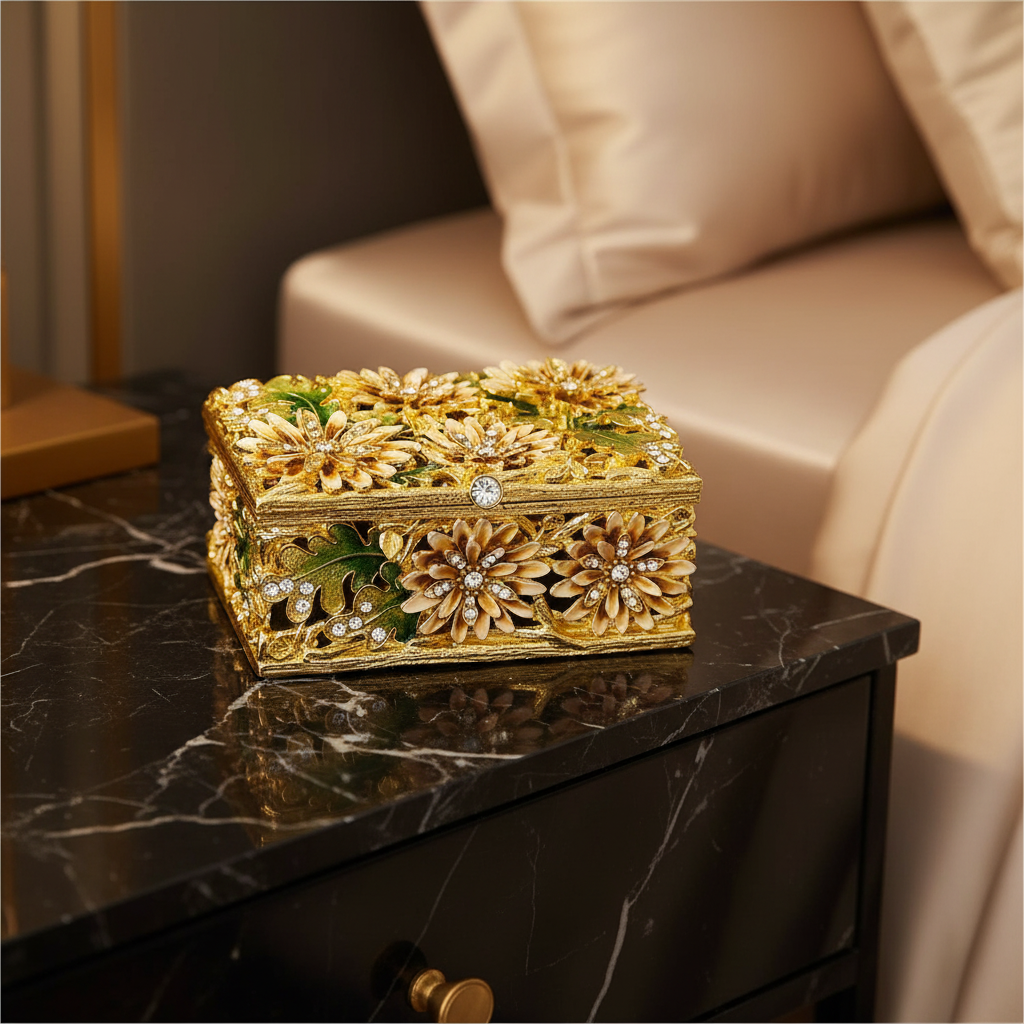 Decorative gold box with floral patterns on a marble night stand