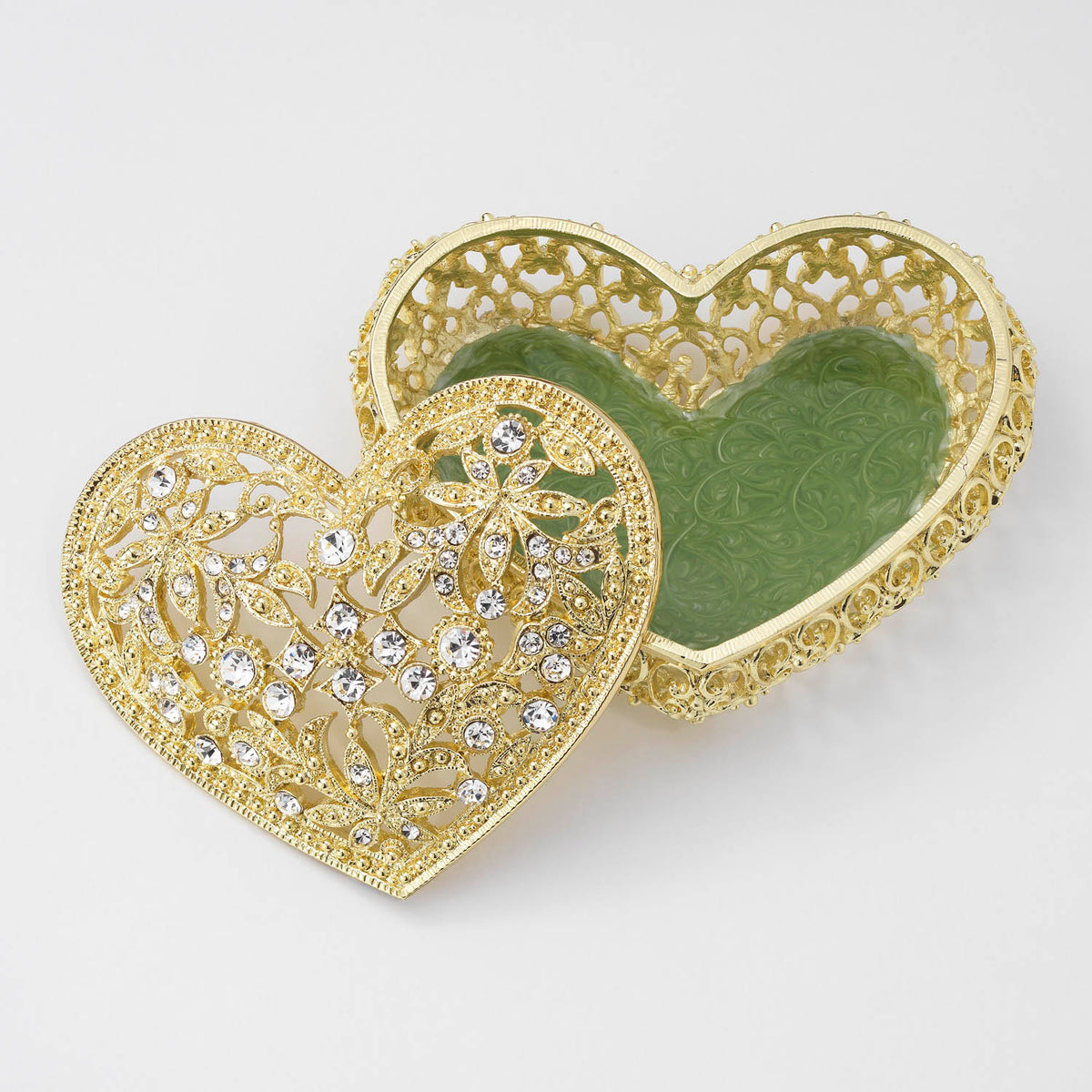 Open Gold Luxembourg Heart Box with green enamel interior