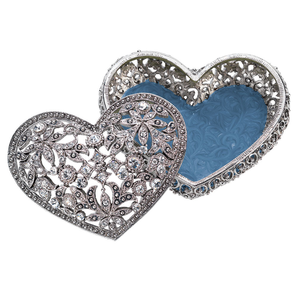 Open Silver Luxembourg Heart Box with blue enamel interior