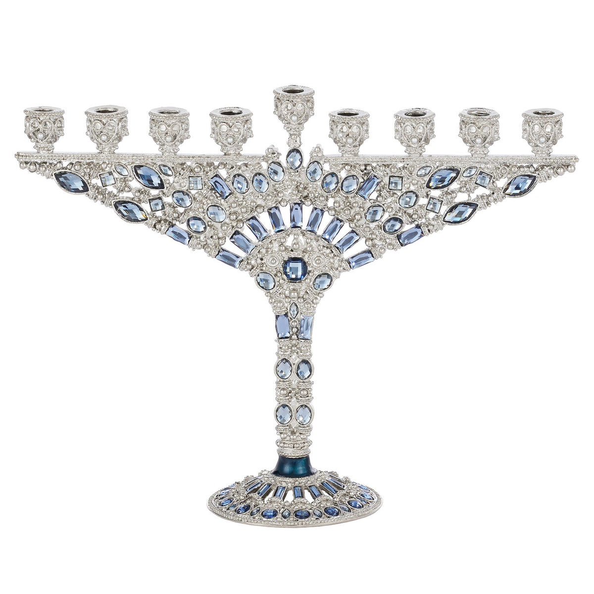Silver Devora Menorah with round, oval and rectangular blue crystals.Inverted triangle silhouette on a stand.