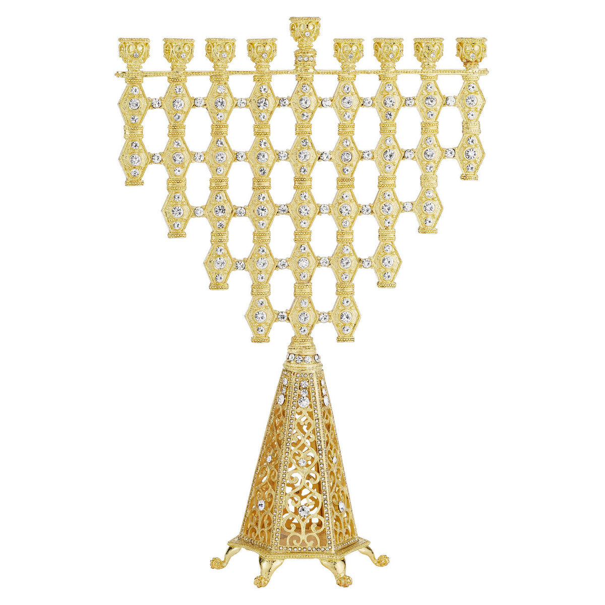 Gold footed Ziva Menorah with tall cone-shaped base topped with an inverted triangle.