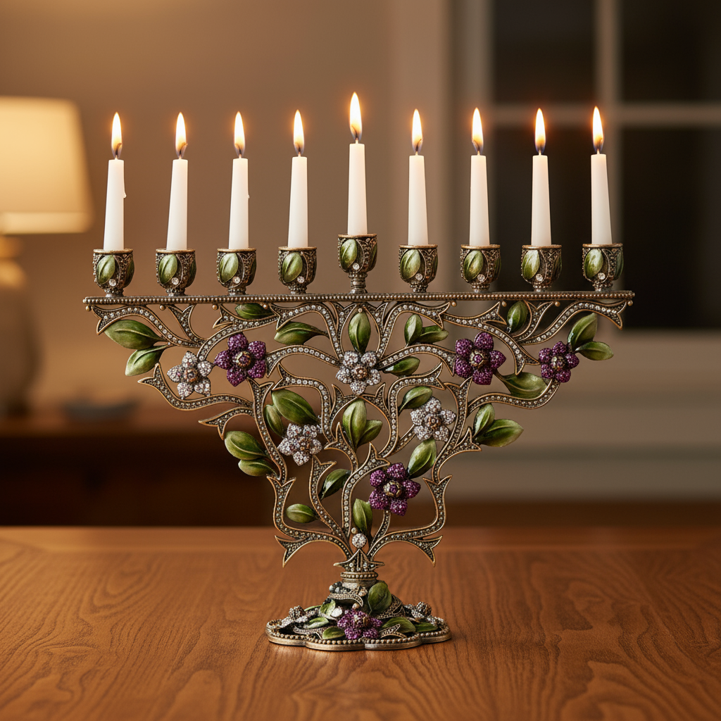 Lit white candles on a Sophie Menorah on a wodden table.