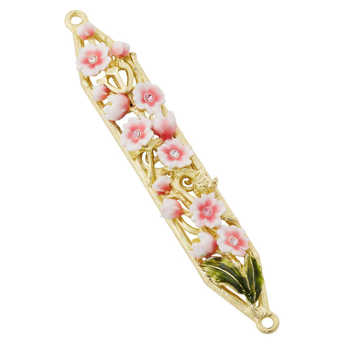 Gold Bella Mezuzah with tiny pink and blush flowers and 2 green leaves. Open-branch pattern.