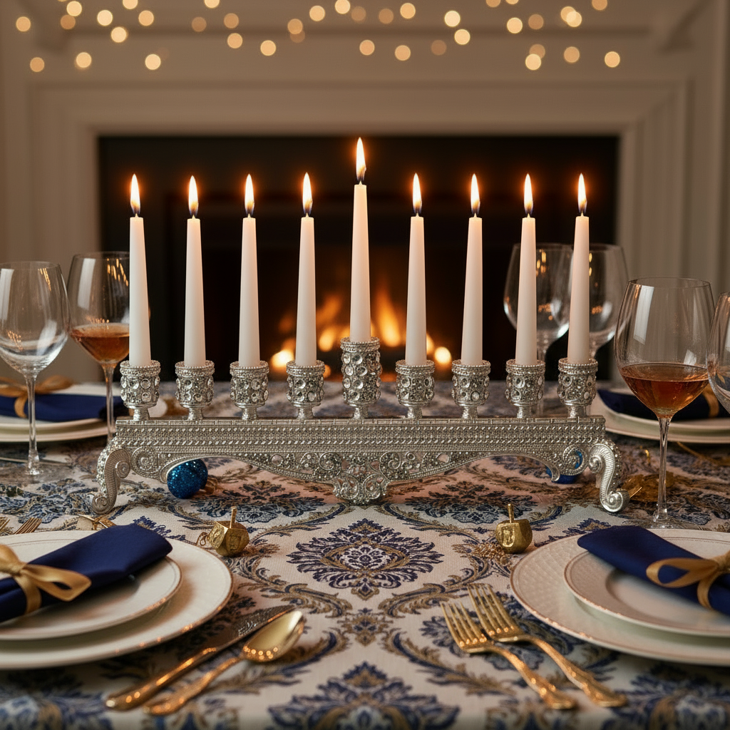 Silver Abby Menorah with lit candles on a festive table setting with wine glasses and place settings.