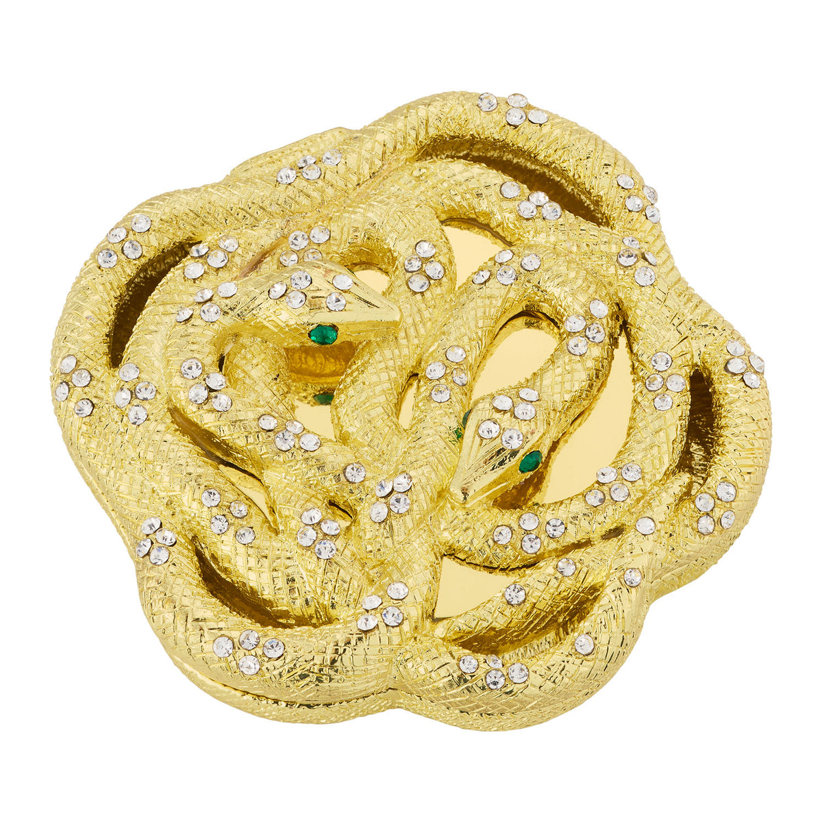 Gold Serpentina Compact with 2 snakes with green eyes winding around each other.