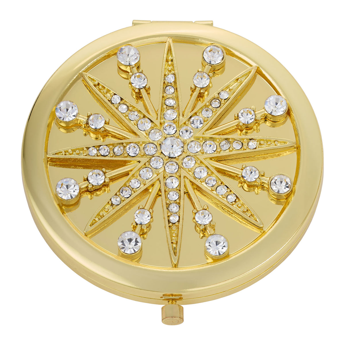 Gold Starburst Compact with clear round crystals radiating out from the center.