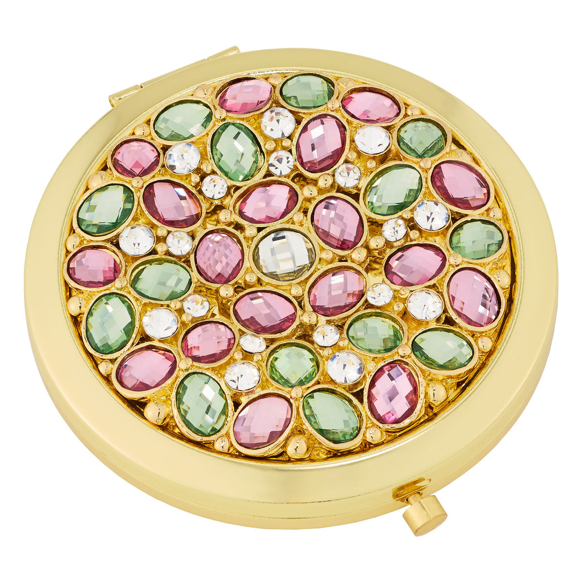 Gold Palm Caravelle Round Compact with light pink and green oval gems.