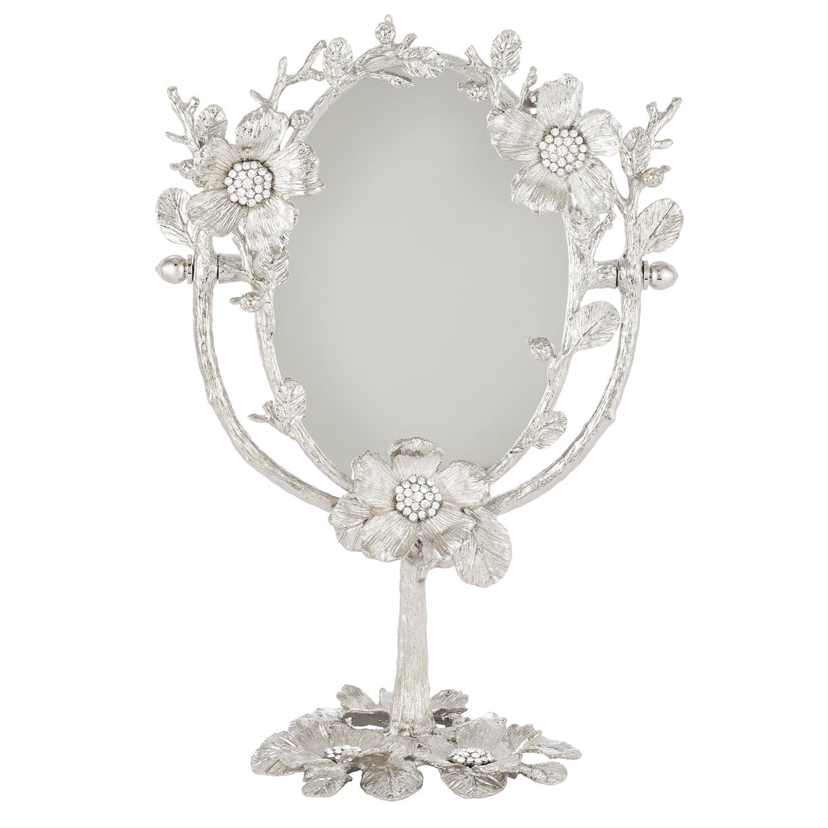 Oval Botanica Magnified Standing Mirror with a silver bloom and stem motif, Clusters of clear crsytals at the center of blooms.