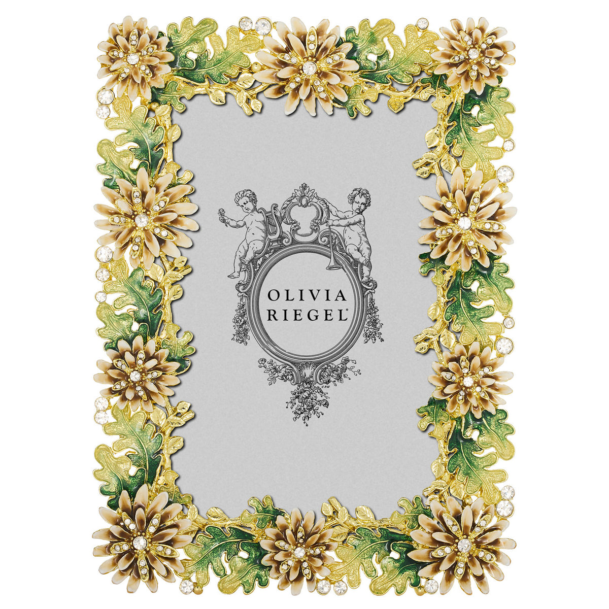 Floret 4 by 6 Frame with repeating gold blossoms and ombre green leaves.
