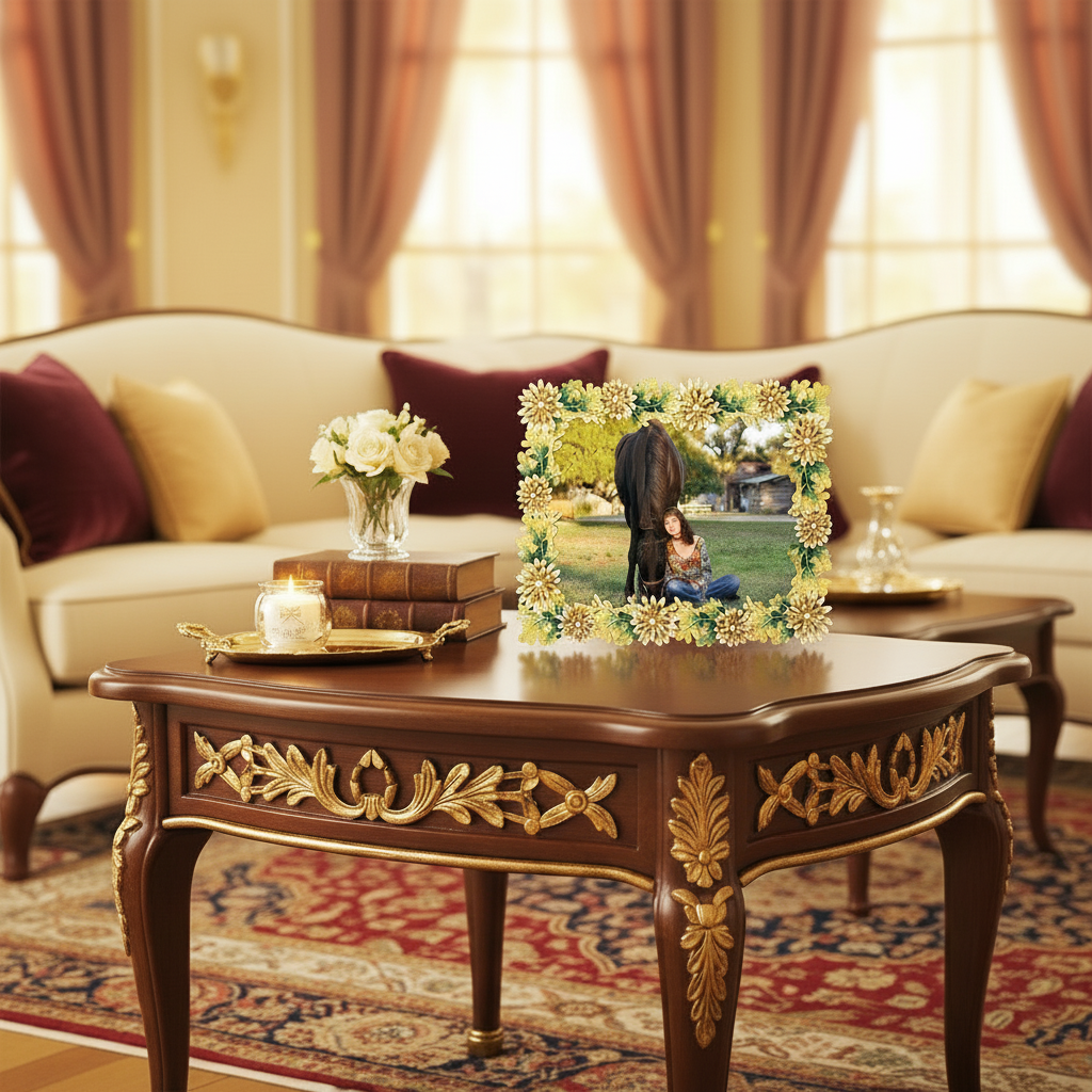 Decorative table with a floral picture frame in a living room setting.