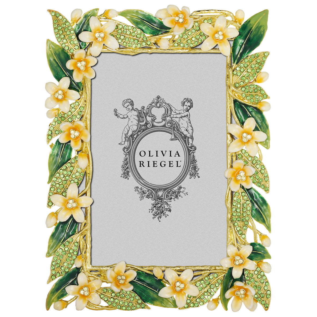 Gold Hannah 4 by 6 Frame with yellow frangipani blossoms and green leaves.