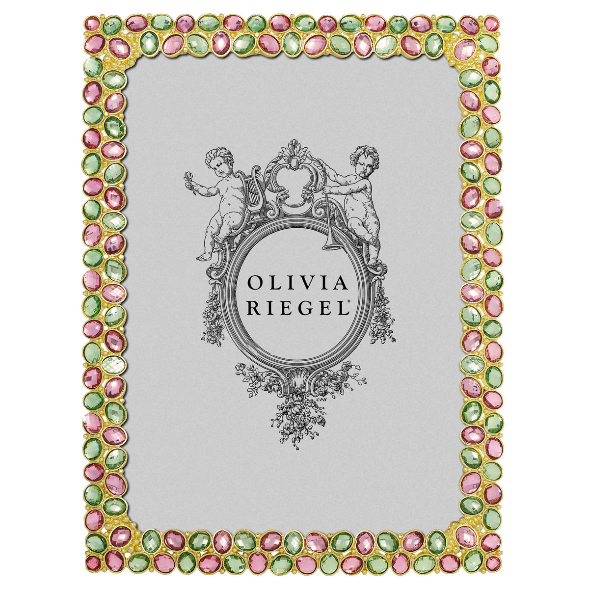 Gold Palm Caravelle 5 by 7 Frame with light pink and green oval gems.