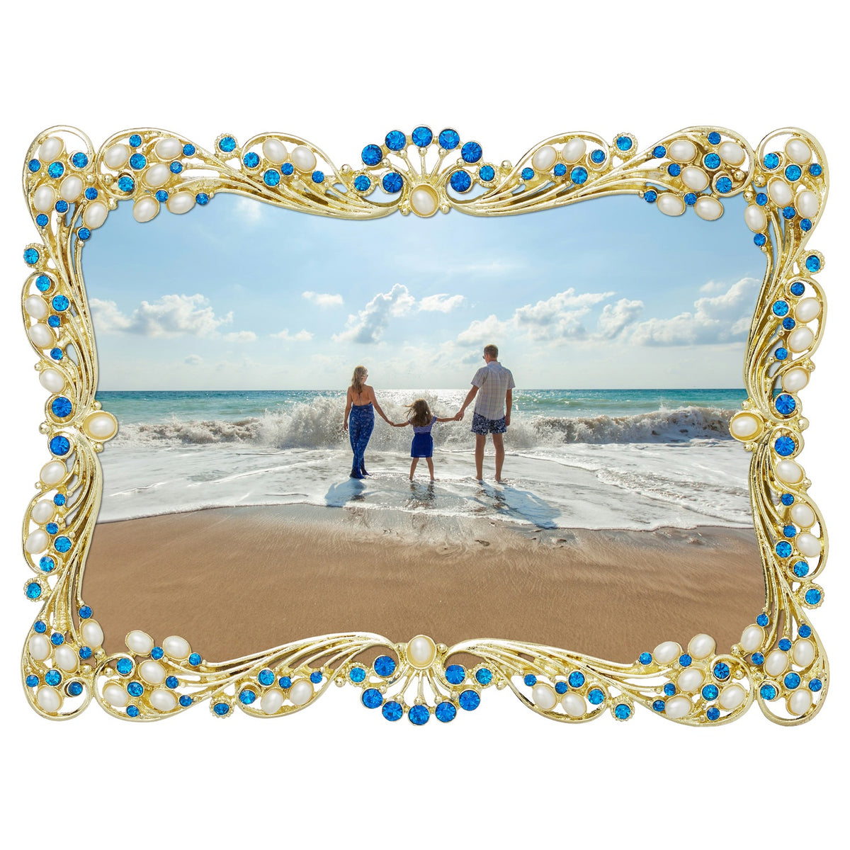 Audrey Frame with Blue Stones, softly undulating edges and embedded ivory-white, oval and teardrop-shaped pearls.