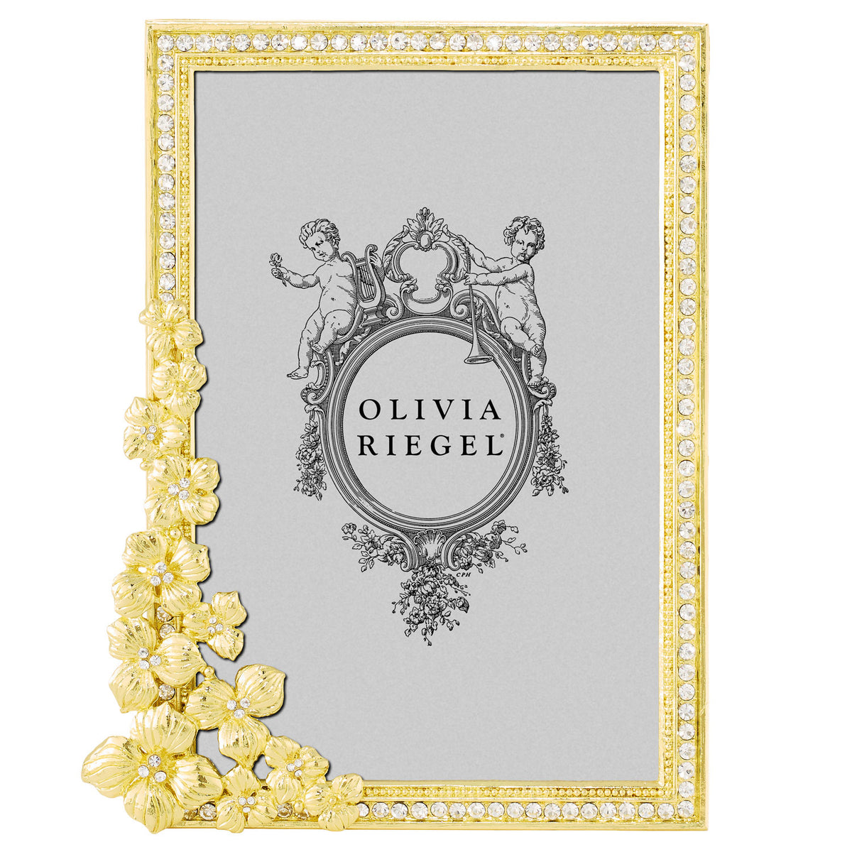 Gold Evelyn 5 by 7 Frame with a cluster of flowers on bottom left side.
