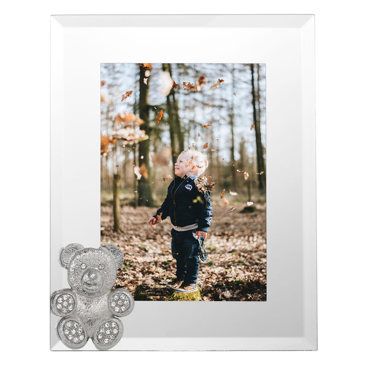 Teddy Bear 5 by 7 Frame with textured silver bear in bottom left corner with crystals on paws and face, vertical orientation.