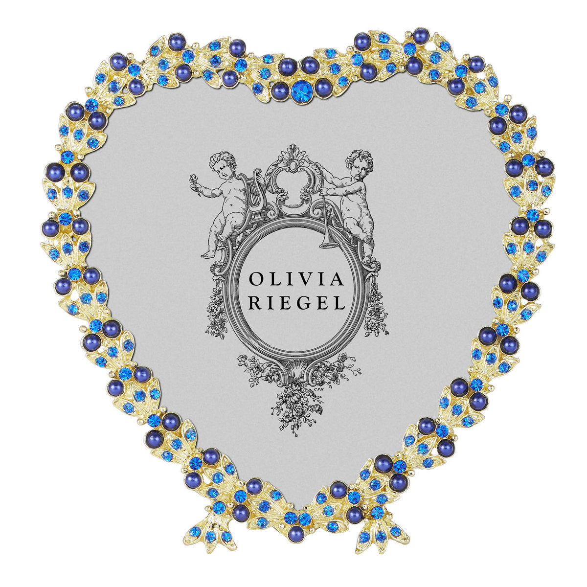 Gold Contessa Heart 3.5" Frame rimmed with tiny sapphire crystals and blue pearls