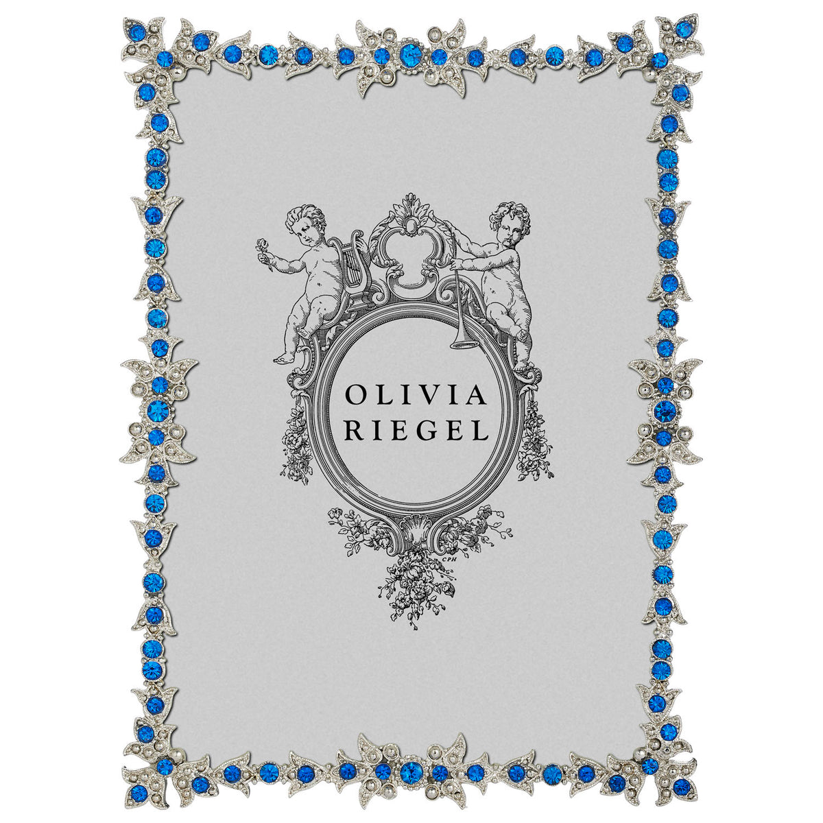 Silver Luxembourg Capri 5 by 7 Frame with a delicate narrow border and tiny bright blue crystals.