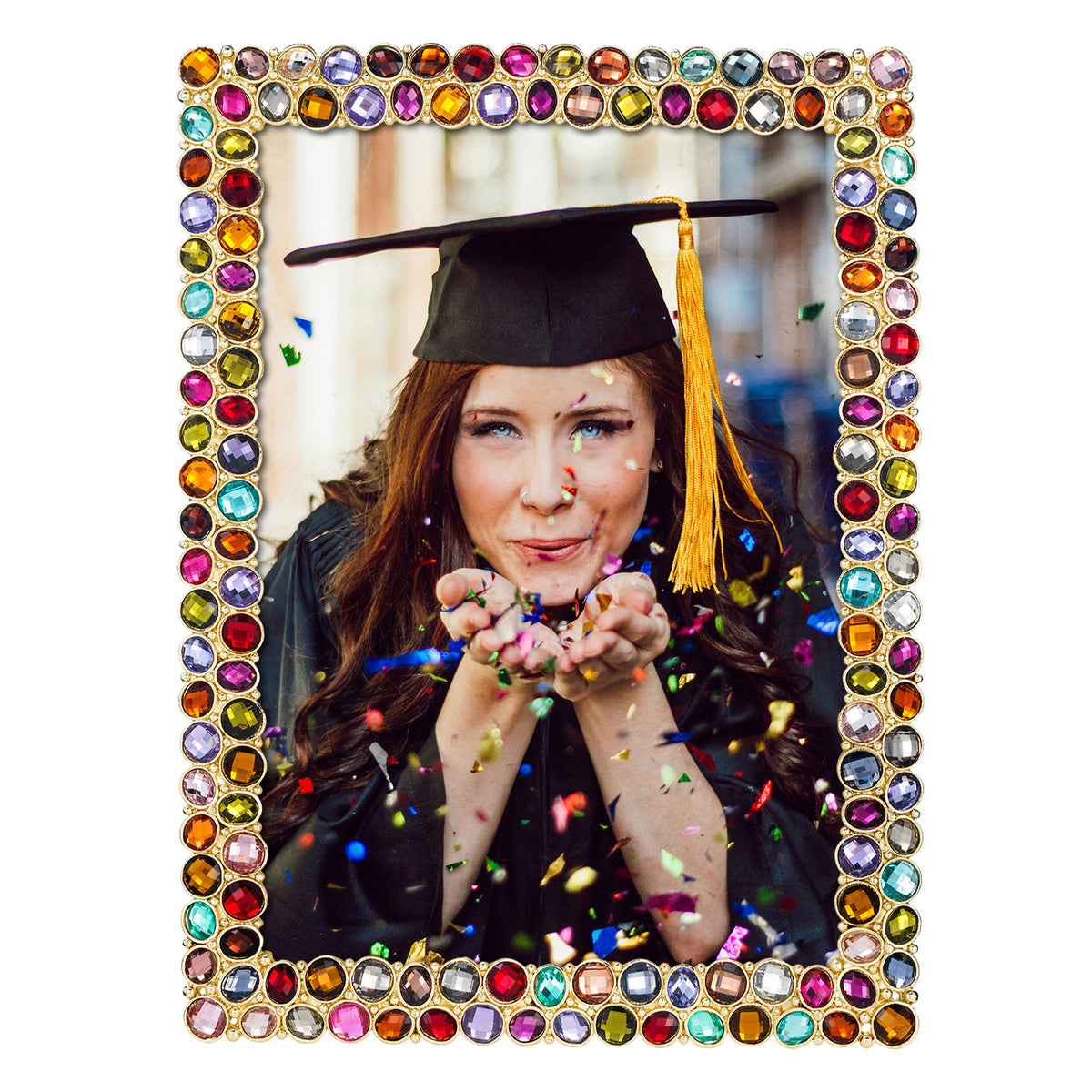 Gold Caravelle 5" by 7" Frame rimmed with 2 rows of alternating round and oval jewel-toned gems.