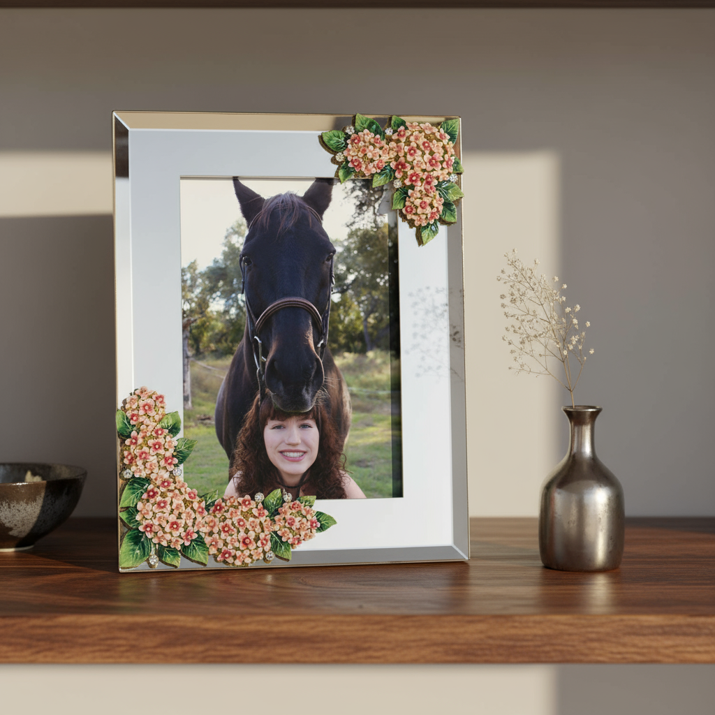 photo of a woman and horse in the Botanica Lantana frame  on a wooden shelf.