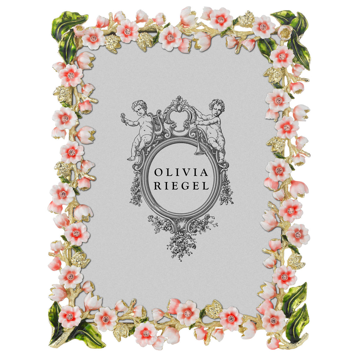 Bella 5 by 7 Frame with tiny pink and blush flowers and green leaves. Open-branch pattern.