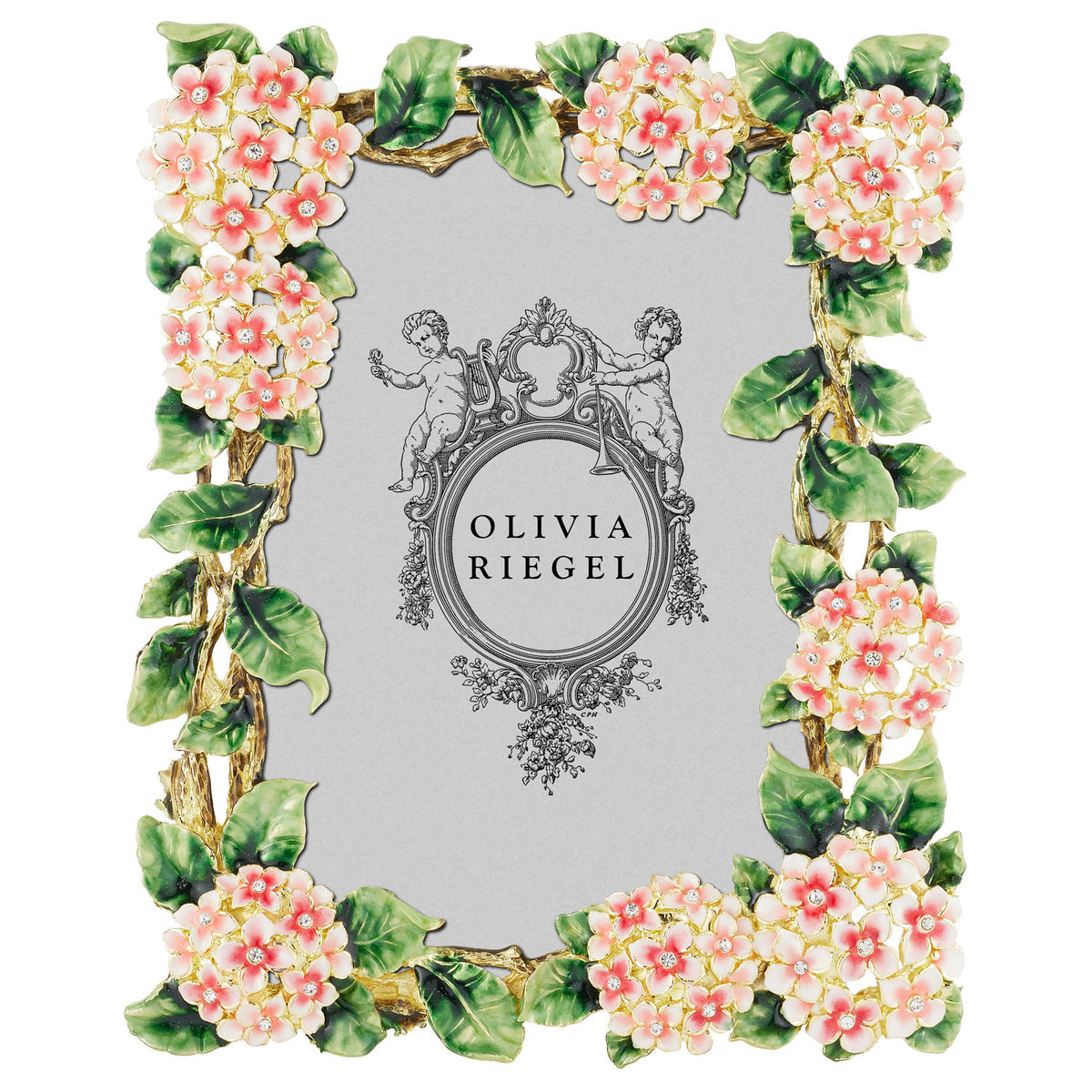 Lantana 4 by 6 Frame with a wide floral border of 2-tone pink enamel  flowers and green leaves.