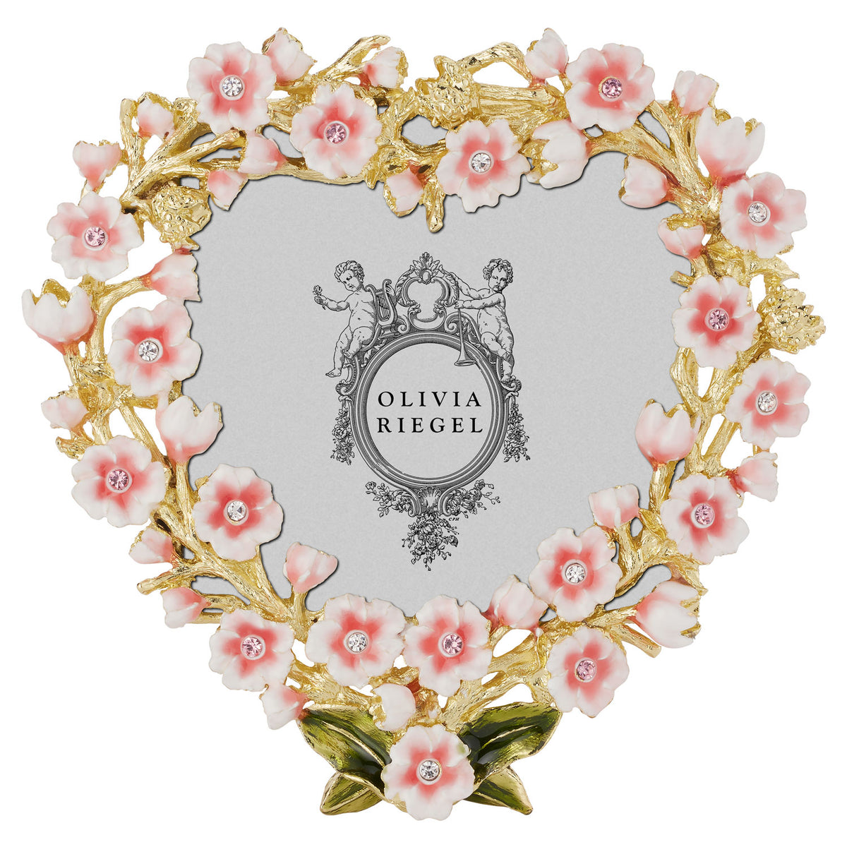 Bella Heart-shaped Frame with tiny pink and blush flowers and green leaves. Open-branch pattern.