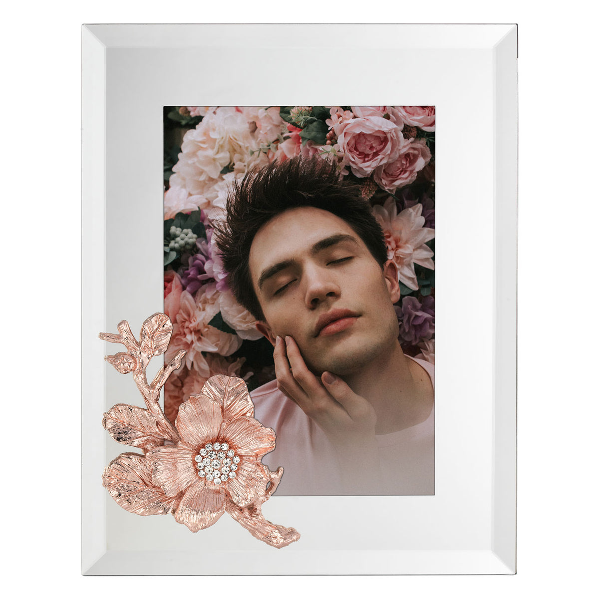 Mirrored Rose Gold Botanica 5 by 7 Frame with a blossom and stem in the bottom left corner.