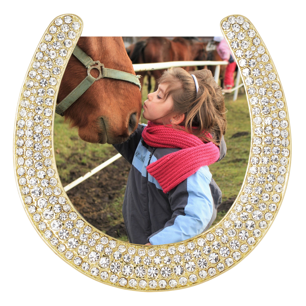 Gold Horseshoe-shaped 3.5" Frame with 4 concentric U-shaped rows of clear crystals filling the border.