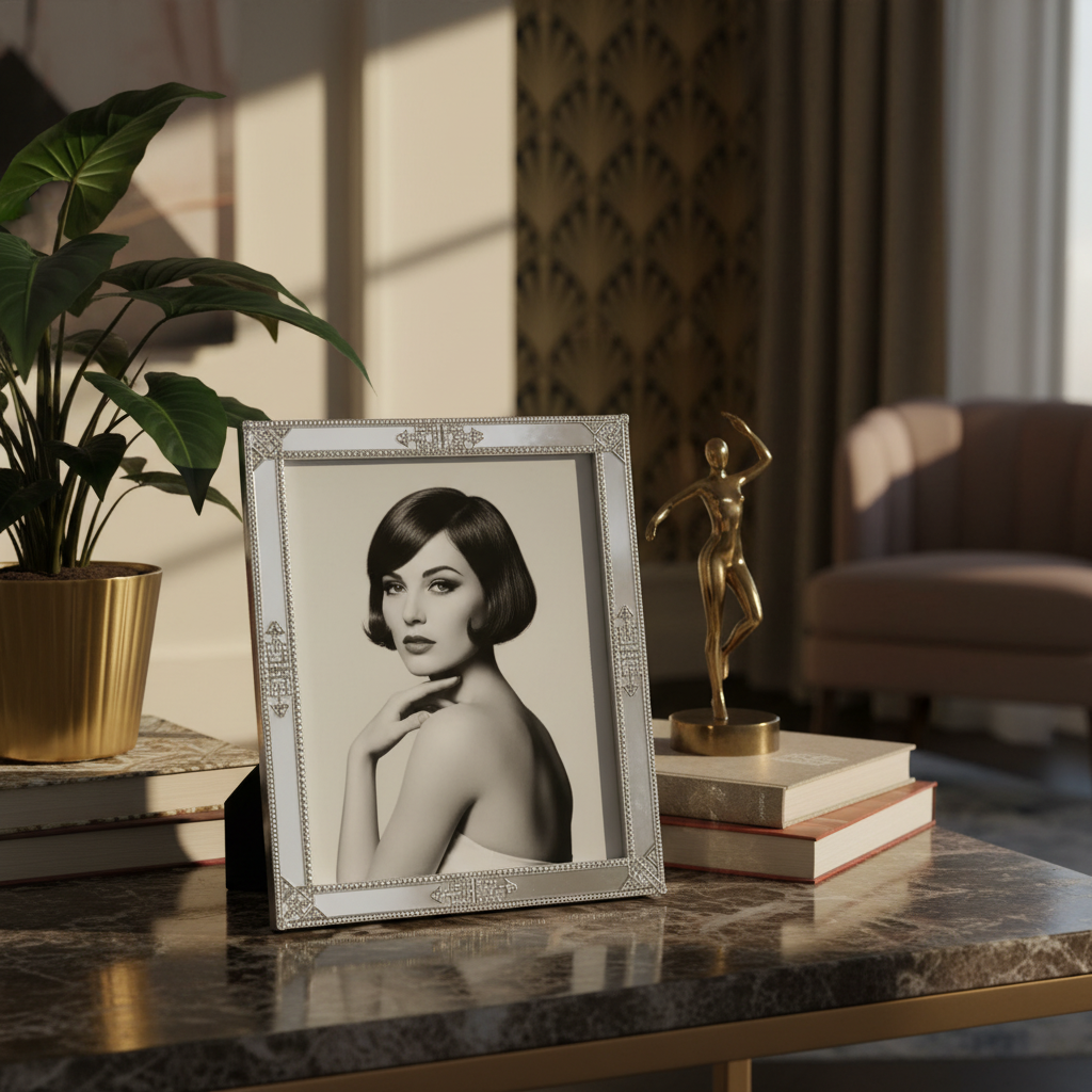 Framed portrait on a table with decorative items in a living room setting