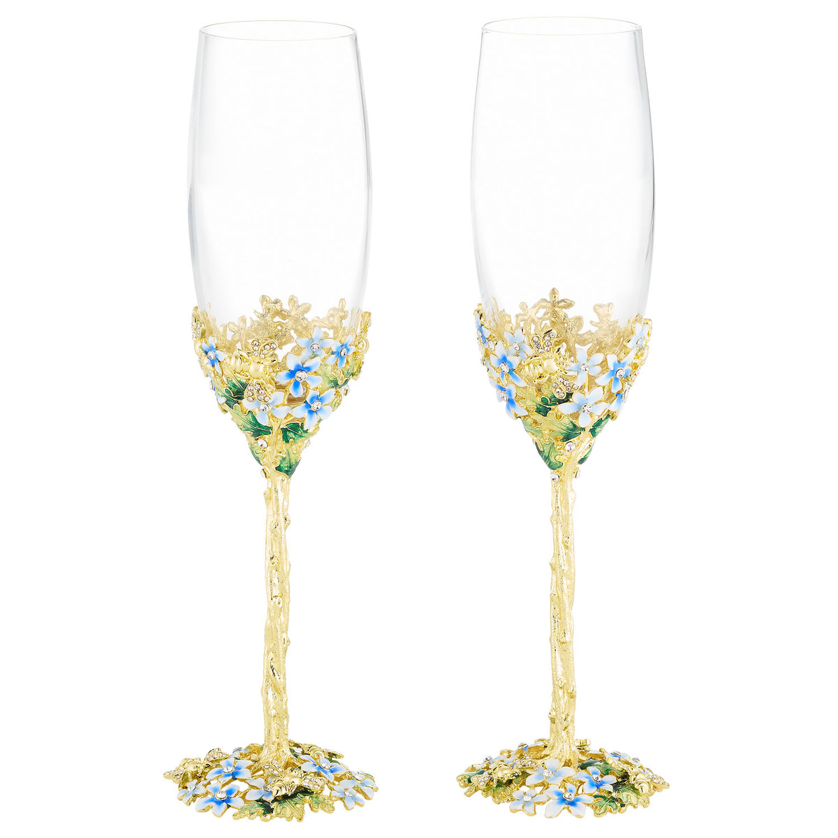 Daphne Flute (Set of 2) accented with tiny blue and green floral pattern.
