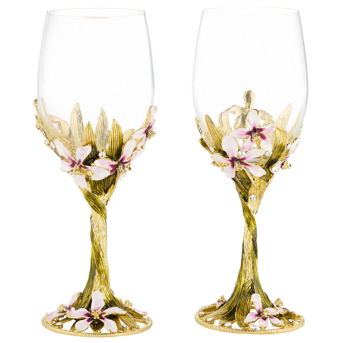 Orchid Delight Wine Glass Set with 2-tone enamel purple flowers and olive green and gold leaves.