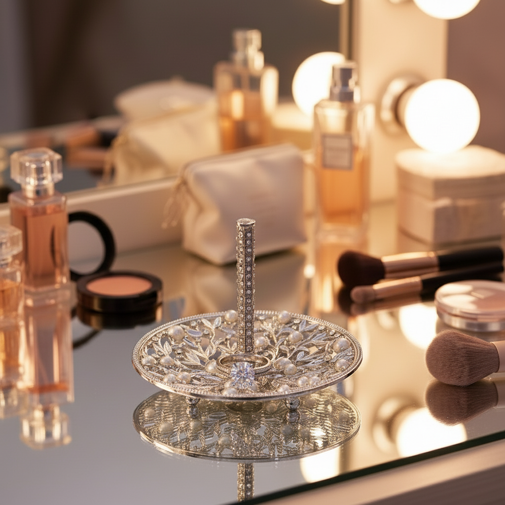 Silver Eleanor ring holder on a vanity table with makeup and perfume bottles.
