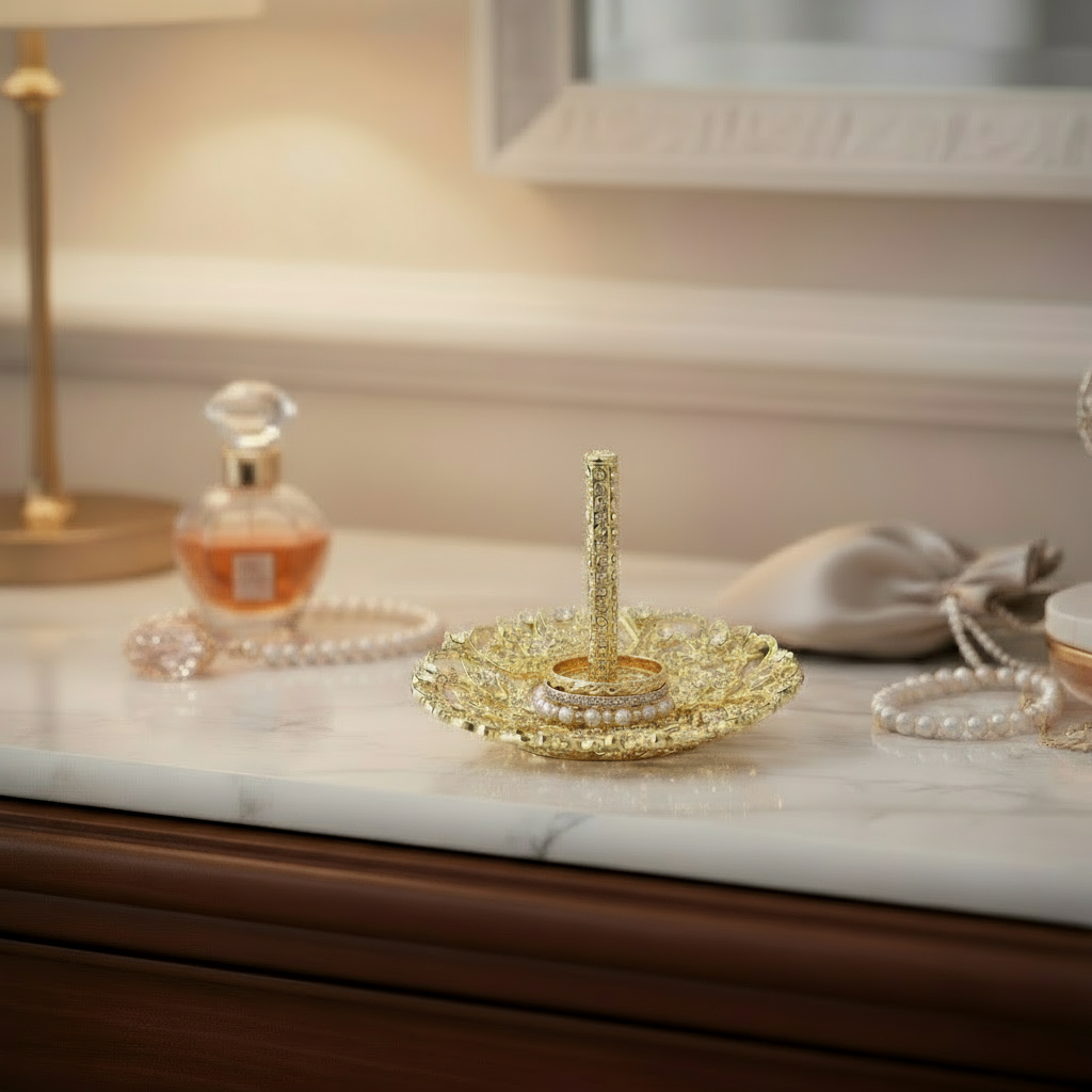 Decorative Flora Ring Holder on a marble surface with a blurred background