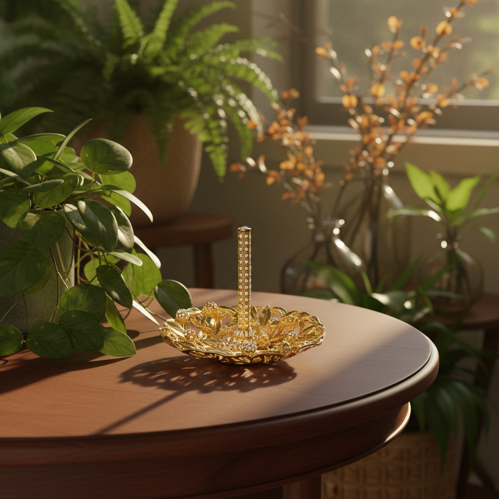 Gold Cornelia Ring Holder on a wooden table with plants in the background