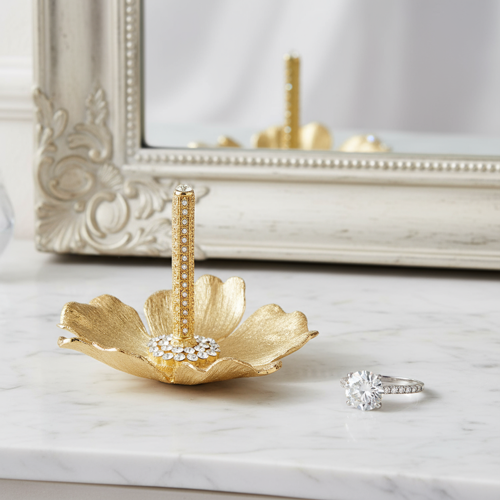 Gold Botanica ring holder with a silver ring on a marble surface.