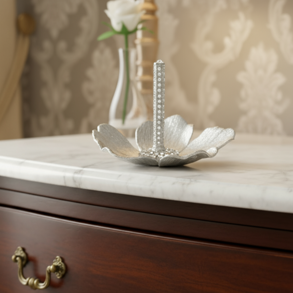 Silver Botanica ring holder on a marble surface with a blurred background.