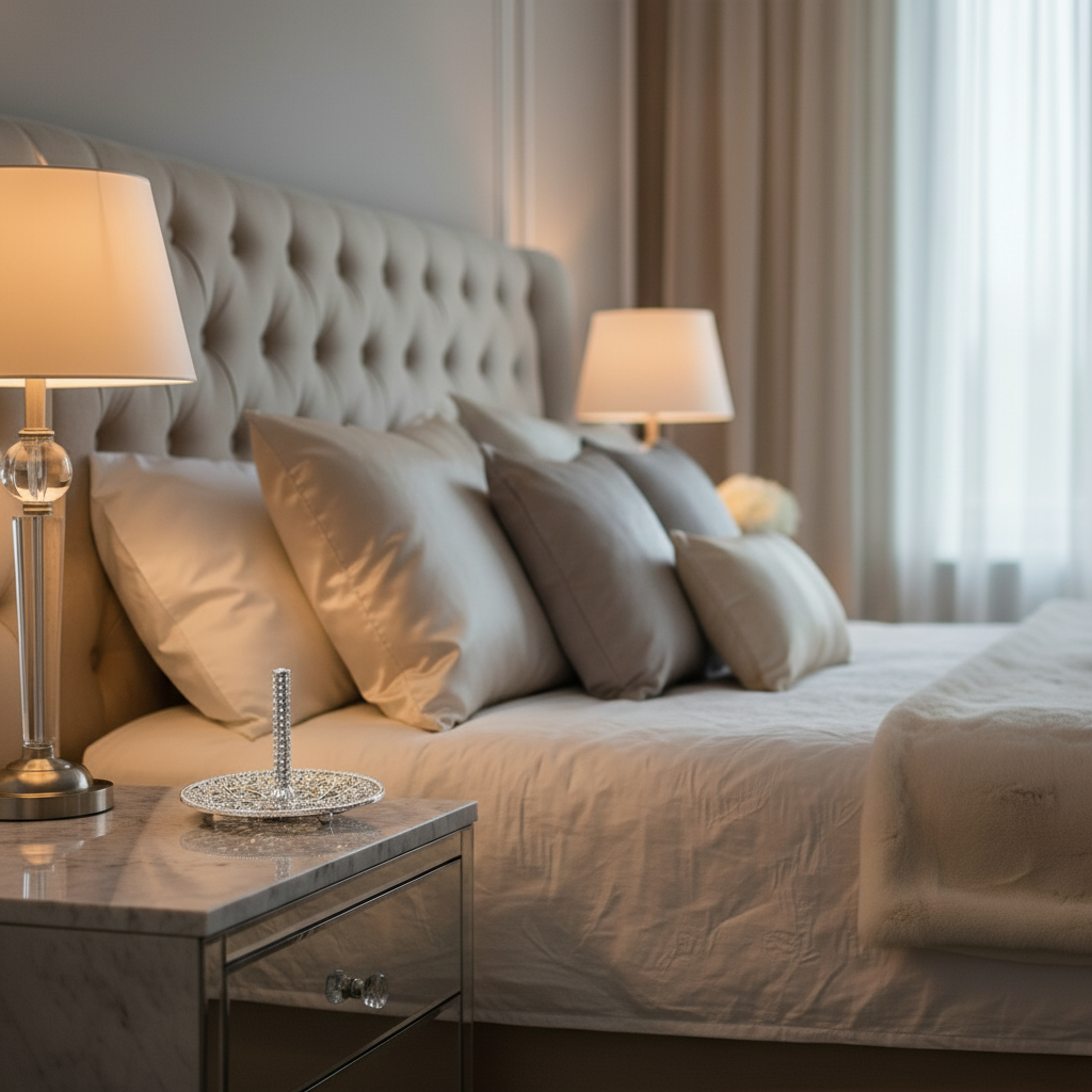 Silver Isadora Ring Holder  on a nightstand in a bedroom setting.
