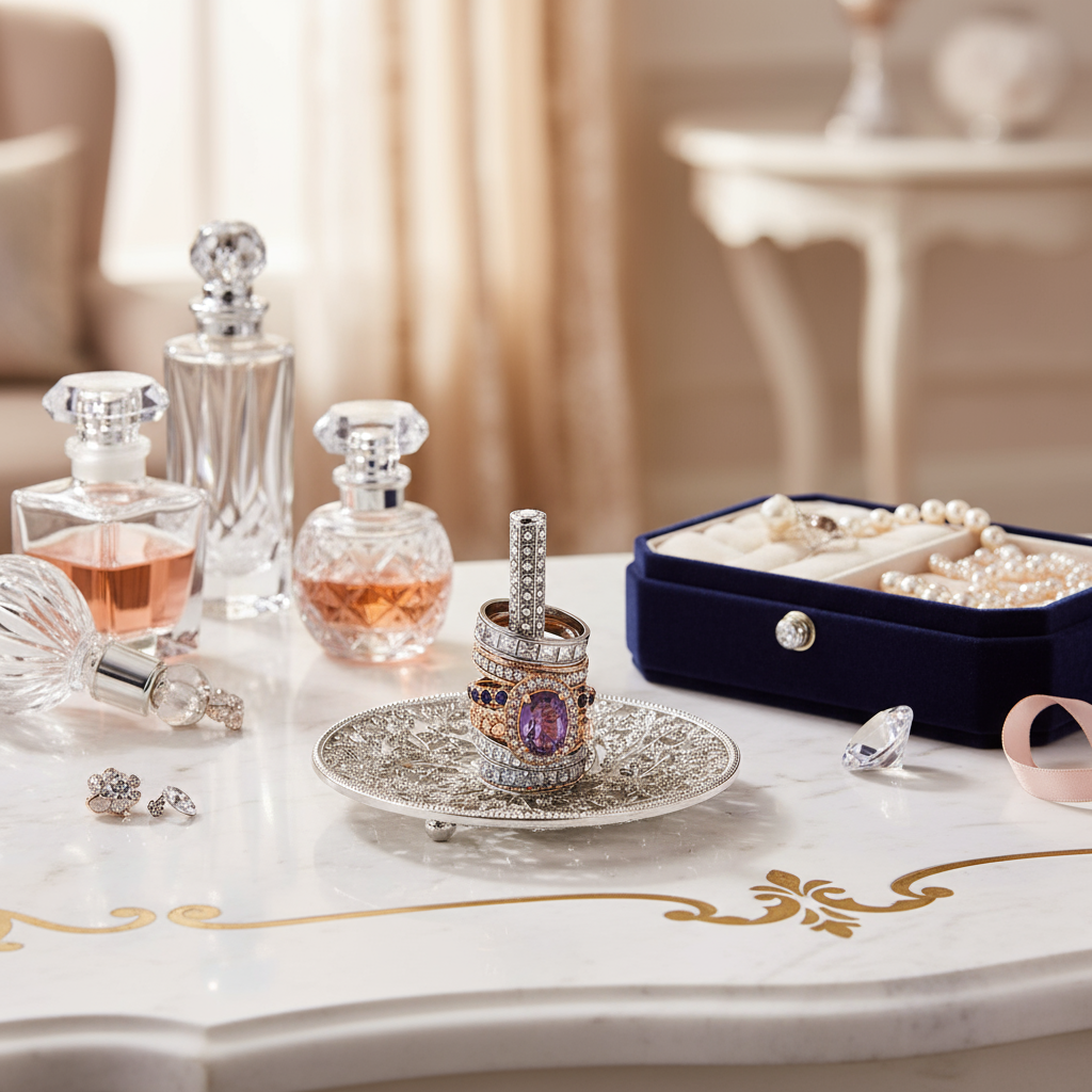 Isadora Ring Holder, jewelry and perfume set on a decorative table