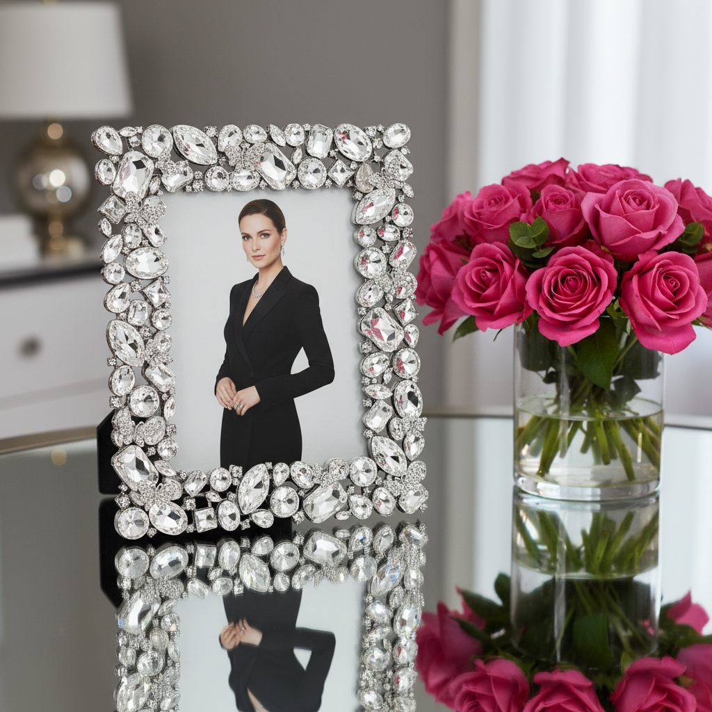 Roxy frame with a photo of a young woman in a black suit, next toa clear vase of pink roses.