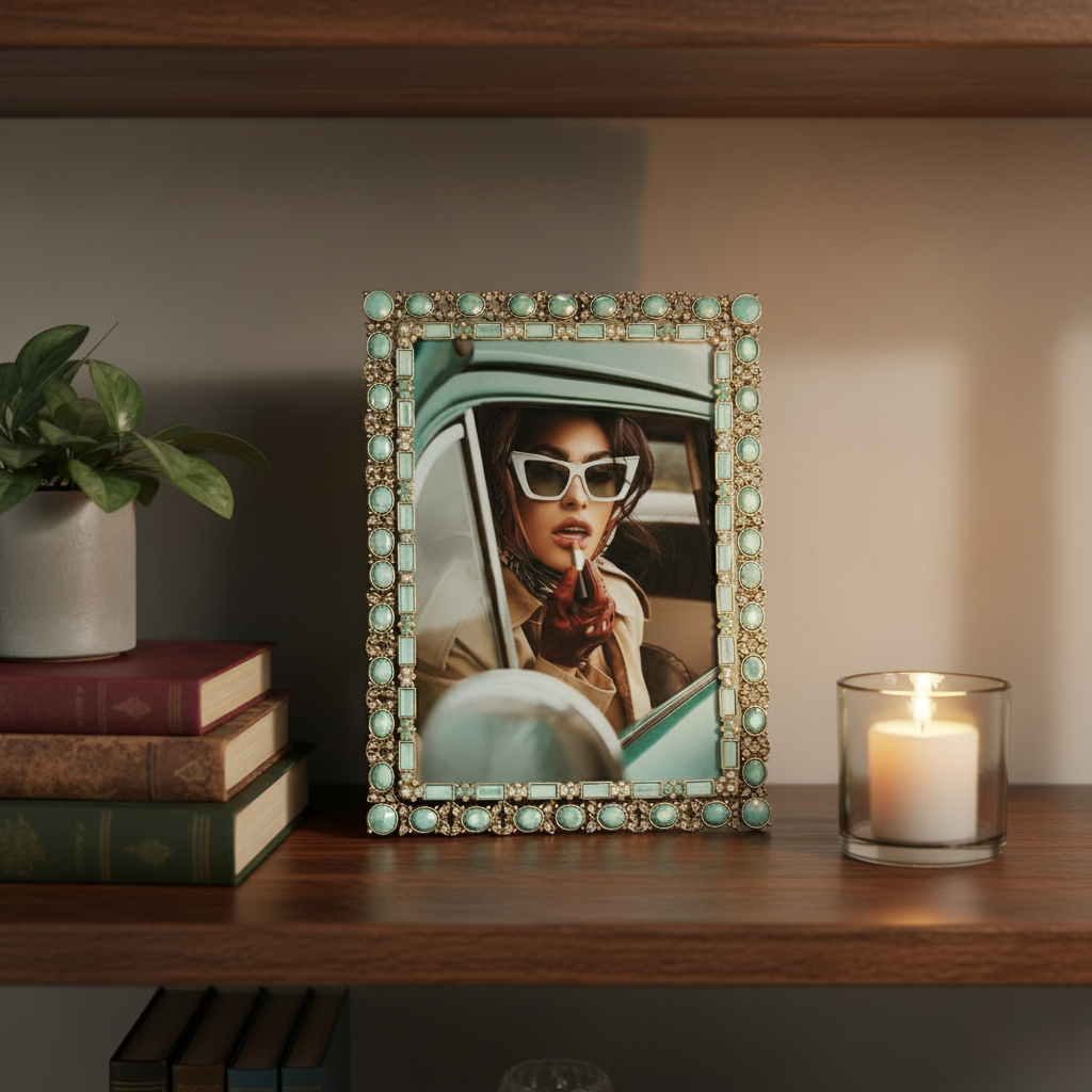 Decorative Patrice frame with a photo of a woman wearing sunglasses, on a shelf with books and a candle.