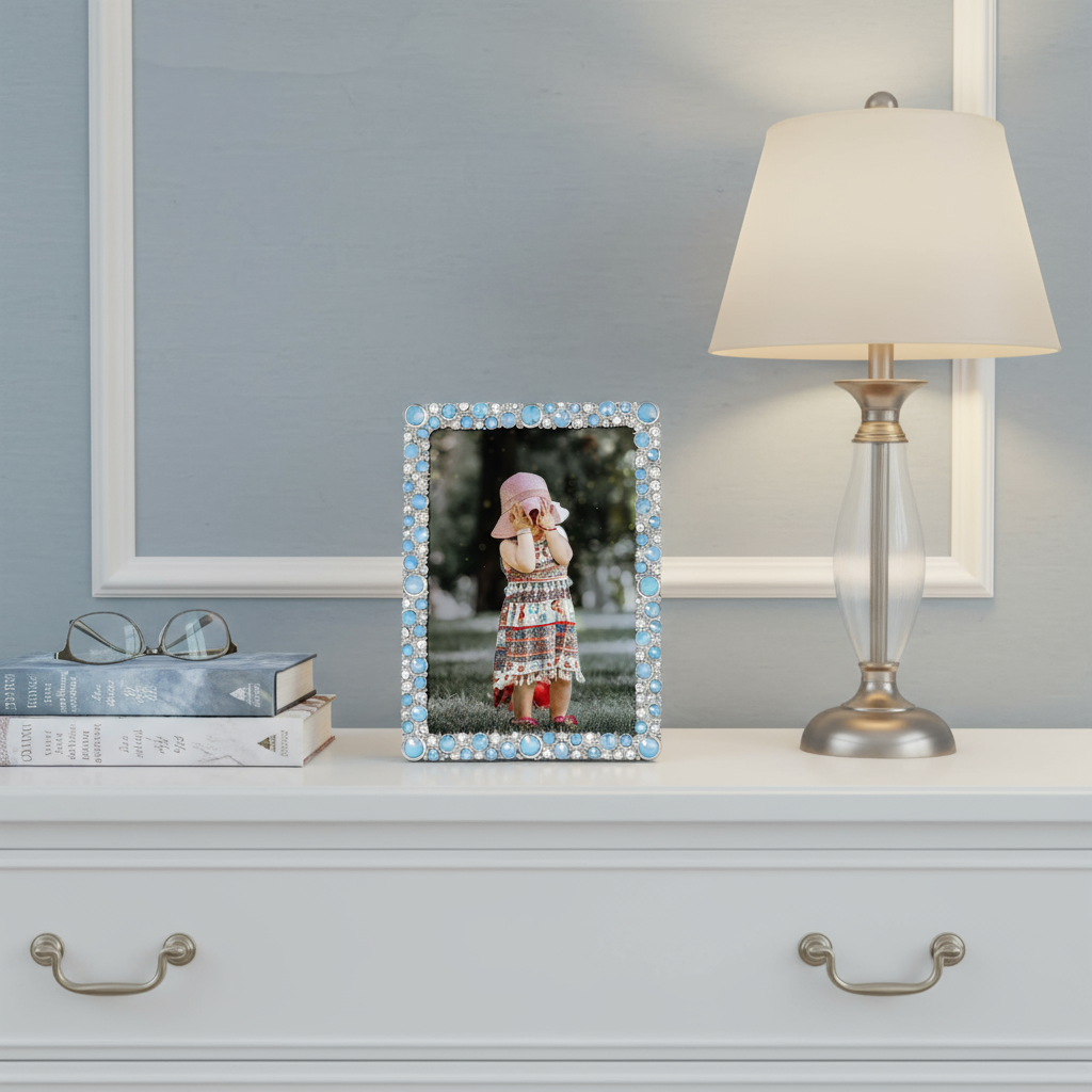 Blue McKenzie frame with a picture of a child on a dresser with a lamp and books.