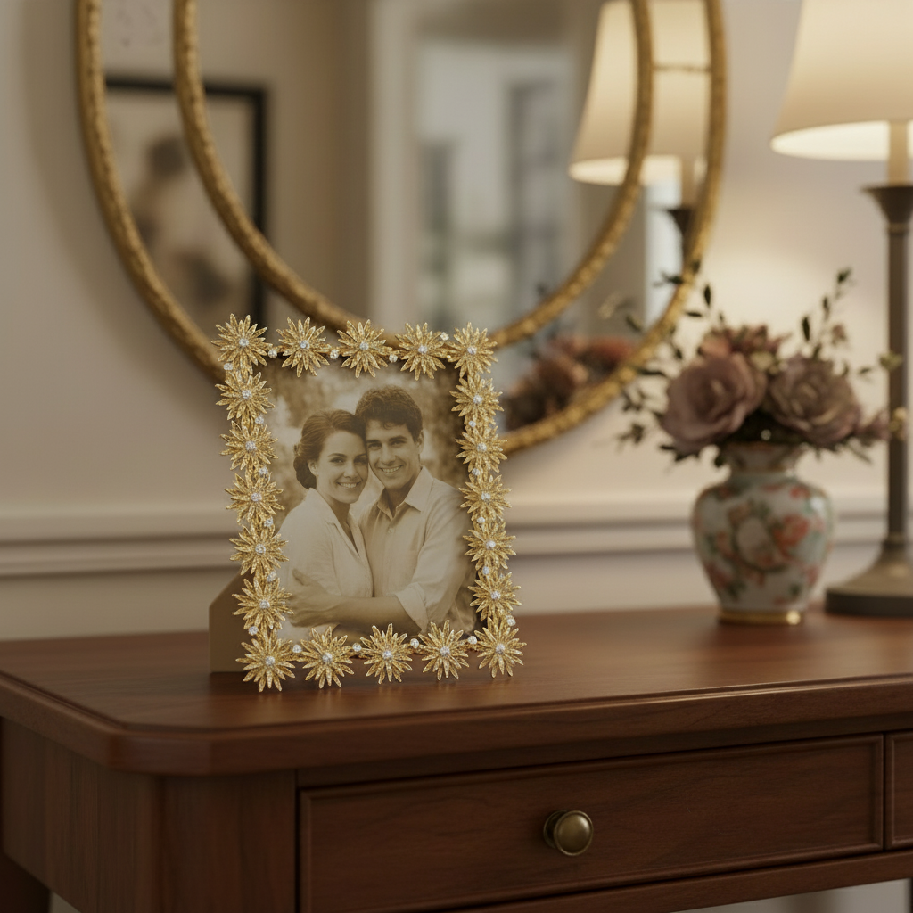 Electra frame with a vintage couple's photo on a wooden table.