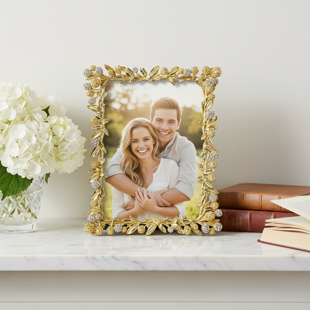 Gold Cornelia frame with a couple's photo on a marble surface with flowers and books.